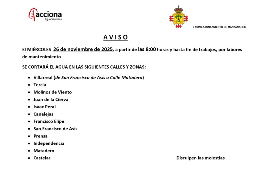 Mantenimiento Programado Causará Interrupción del Suministro de Agua en 12 Calles del Municipio Este Miércoles, Según Acciona Agua