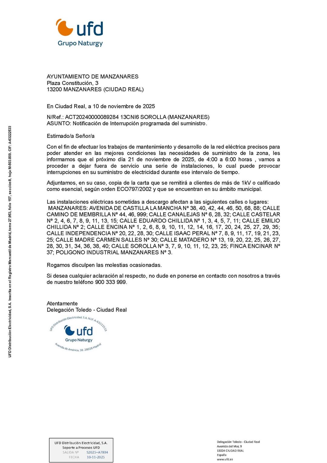 Naturgy anuncia corte de luz programado en ciertas áreas del casco urbano el próximo 21 de noviembre