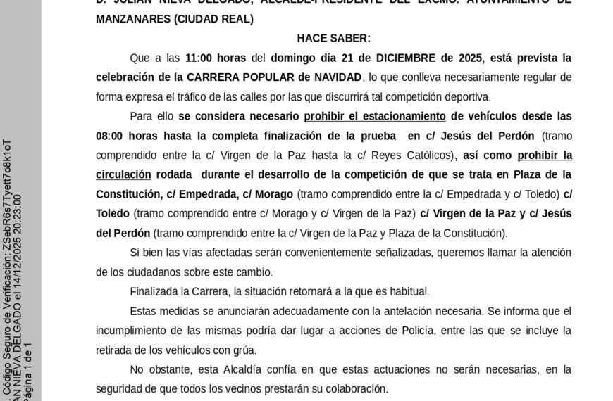 Alcaldía Emite Regulaciones de Estacionamiento y Circulación para Carrera Navideña del Próximo Domingo