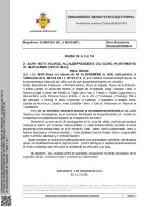El Bando de Alcaldía Regula el Tráfico para la Fiesta de la Bicicleta del Próximo Sábado, 6 de Diciembre