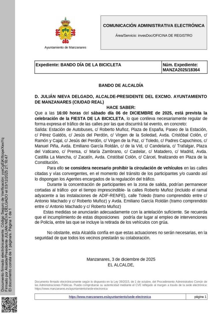 El Bando de Alcaldía Regula el Tráfico para la Fiesta de la Bicicleta del Próximo Sábado, 6 de Diciembre