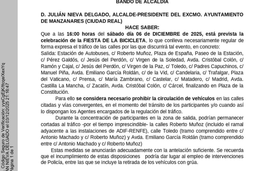 El Bando de Alcaldía Regula el Tráfico para la Fiesta de la Bicicleta del Próximo Sábado, 6 de Diciembre