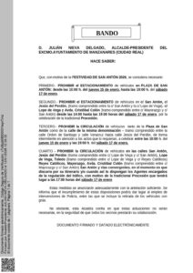 Bando de Alcaldía prohíbe el estacionamiento en Manzanares durante las Fiestas de San Antón 2026
