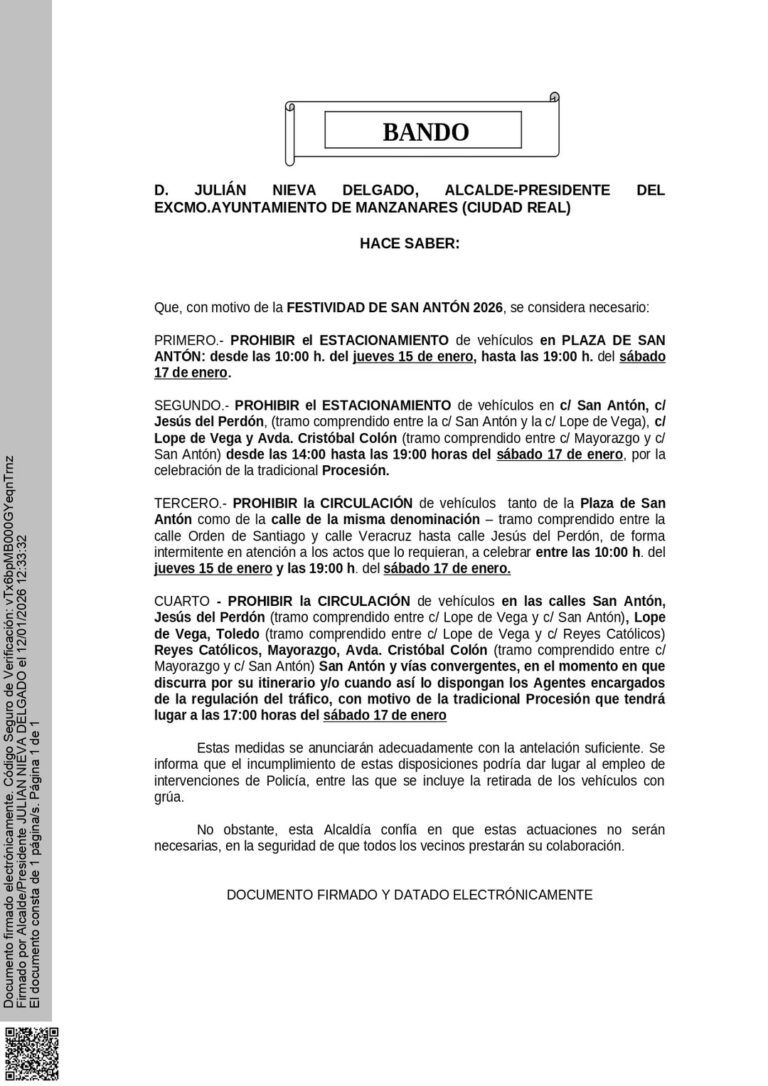Bando de Alcaldía prohíbe el estacionamiento en Manzanares durante las Fiestas de San Antón 2026