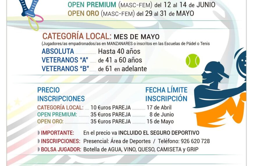 Inscripciones abiertas para el Torneo de Pádel ‘Manzanares Villa Europea del Deporte’ en el Área de Deportes Ayto. Manzanares