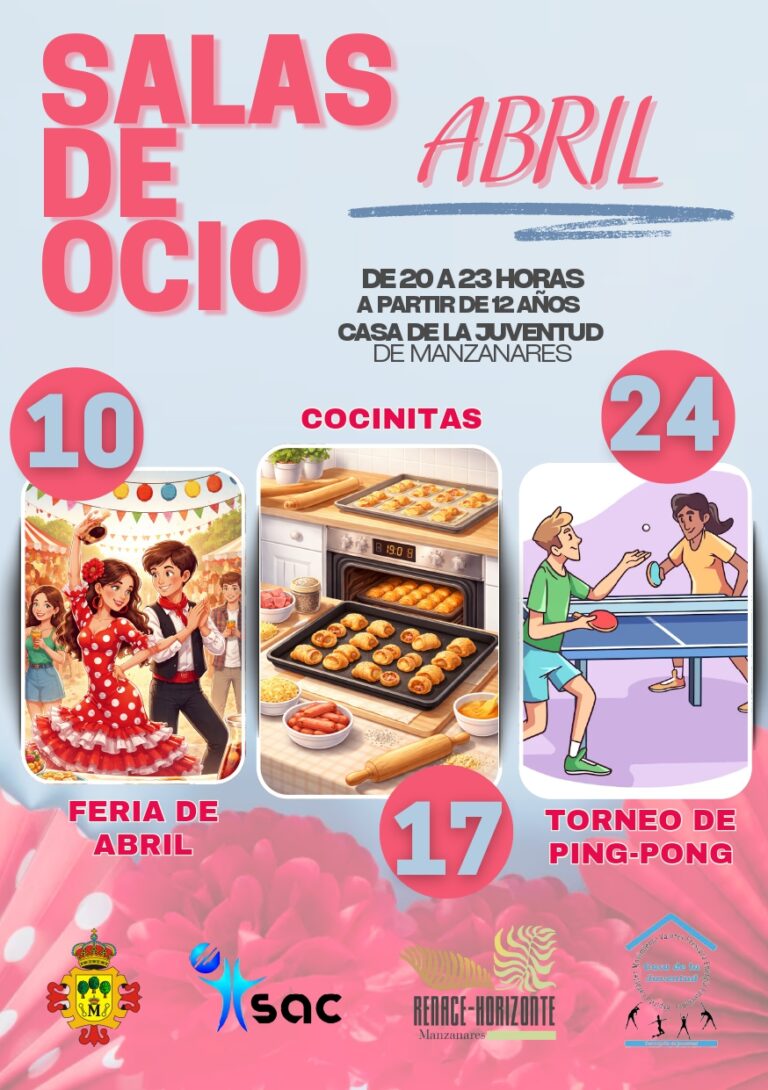 Programación de Actividades Juveniles para Abril en las Salas de Ocio de Casa de la Juventud Manzanares