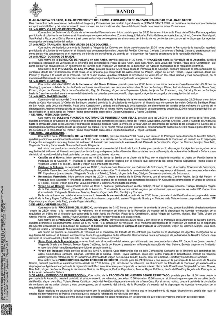 Regulaciones Establecidas para los Actos Litúrgicos y Procesionales de la Semana Santa 2026 en Manzanares: Una Aviso a la Ciudadanía