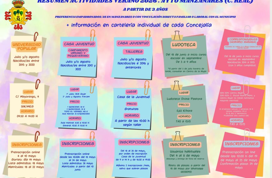 El Ayuntamiento de Manzanares anuncia una extensa variedad de actividades estivales promovidas por las Concejalías de Educación, Juventud y Políticas de Igualdad