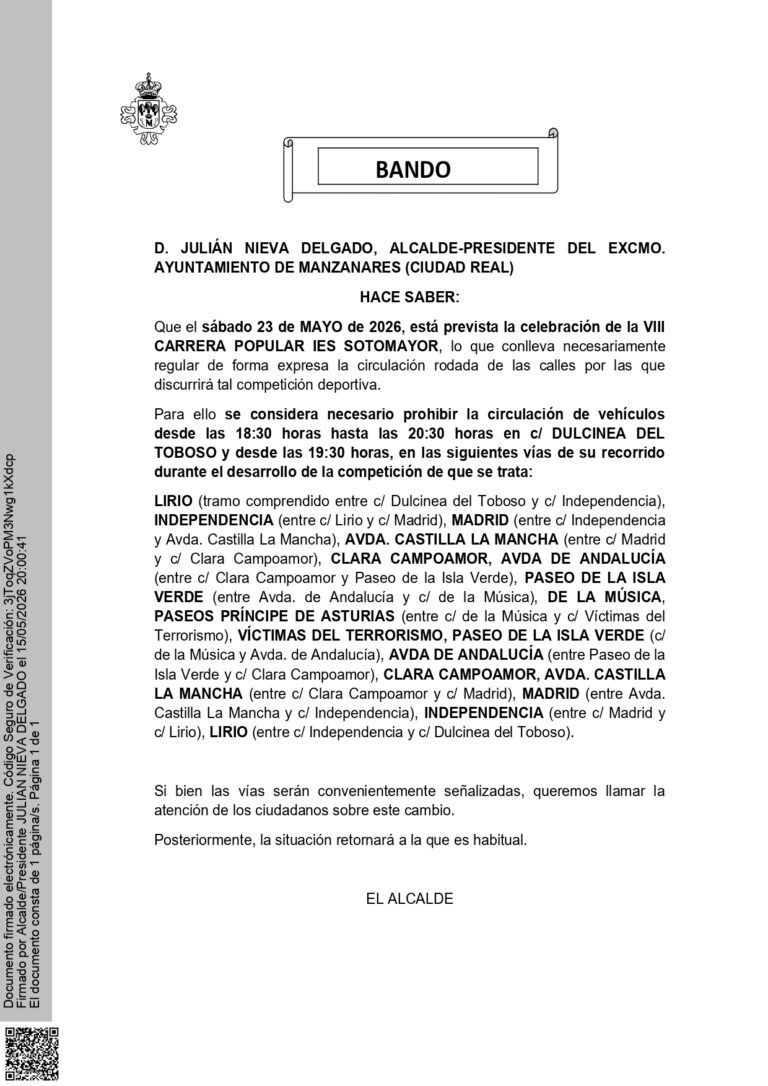 Este sábado 23 de Mayo: Restricciones de tráfico en Manzanares por la VIII Carrera Popular del IES Sotomayor
