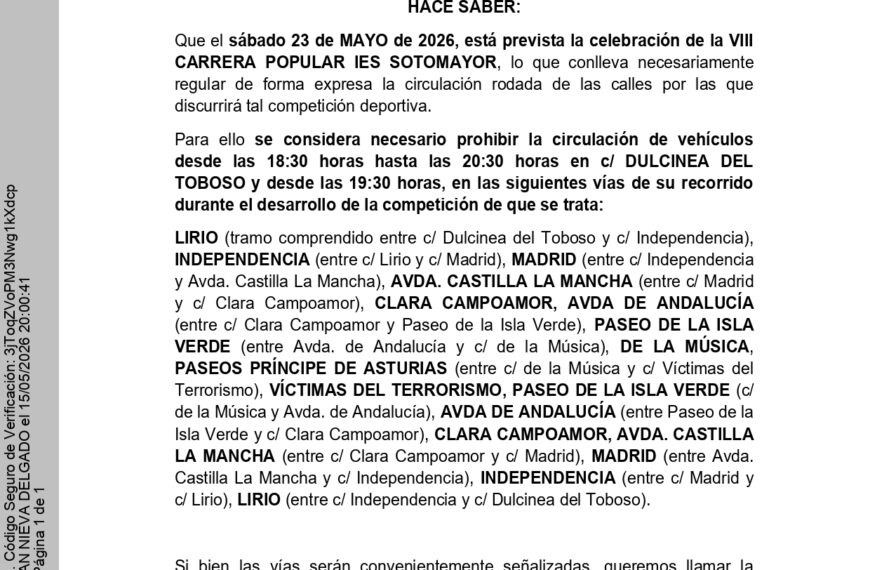 Este sábado 23 de Mayo: Restricciones de tráfico en Manzanares por la VIII Carrera Popular del IES Sotomayor