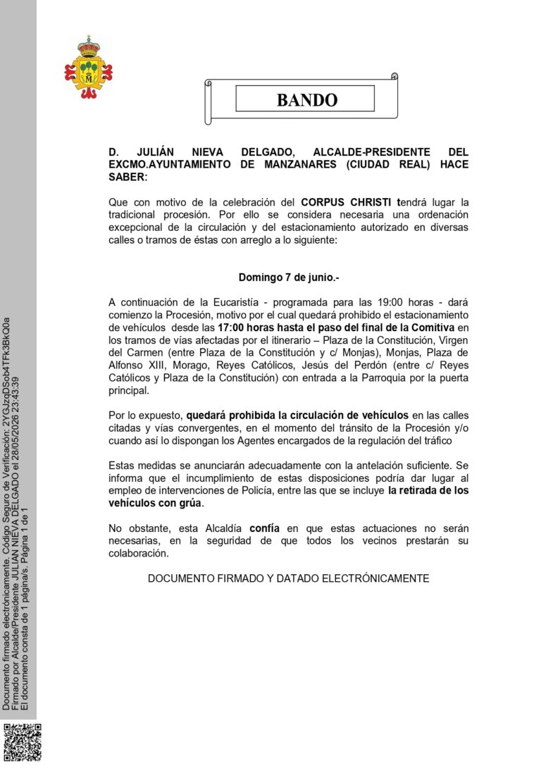 Anuncio de Modificaciones de Tráfico en Corpus Christi 2026 Durante la Celebración de la Procesión Tradicional
