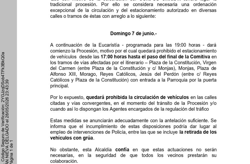 Anuncio de Modificaciones de Tráfico en Corpus Christi 2026 Durante la Celebración de la Procesión Tradicional