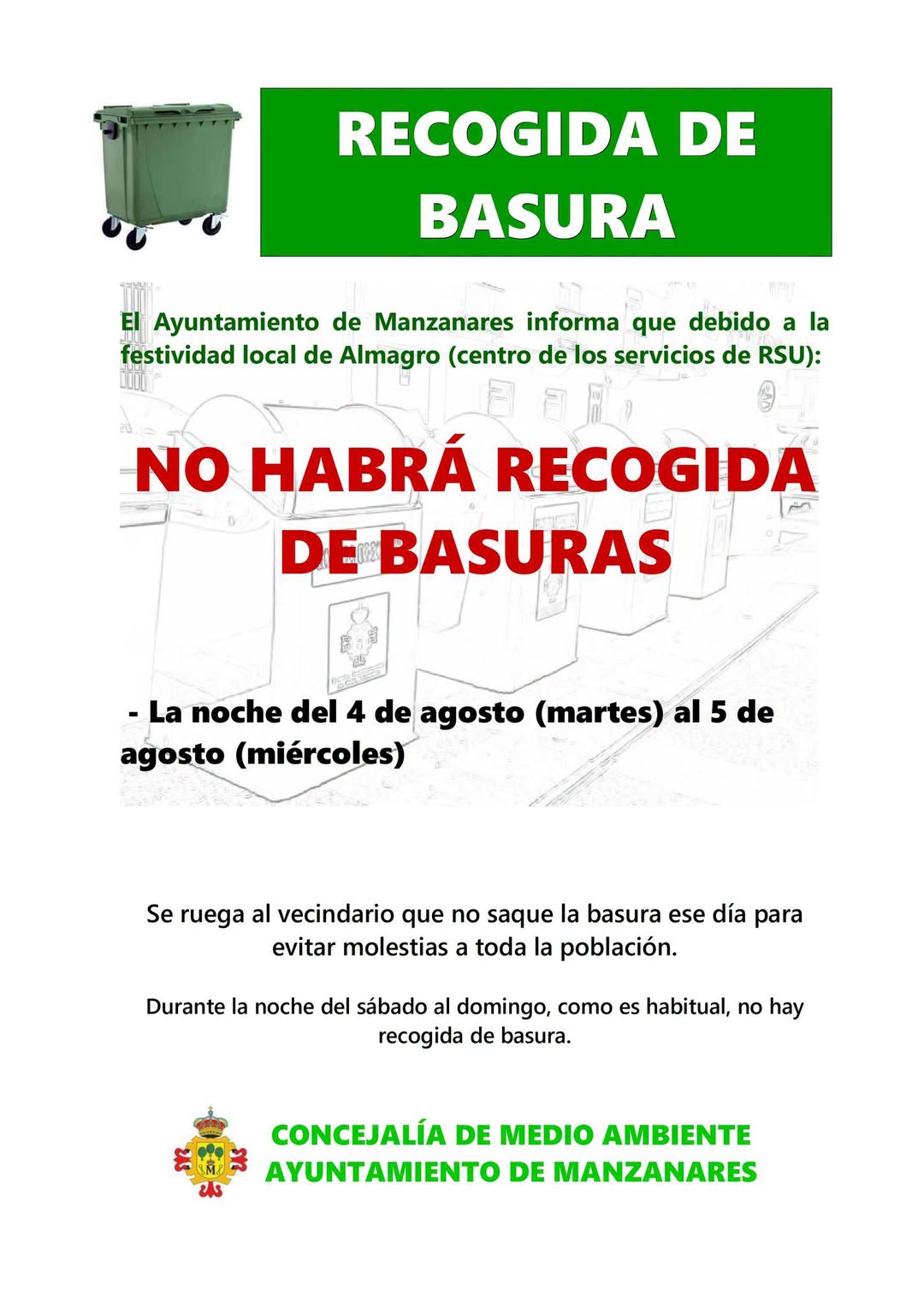 Interrupción del Servicio de Recogida de Residuos en Almagro por Festividad Local, Informa Consorcio RSU Ciudad Real Medio Ambiente