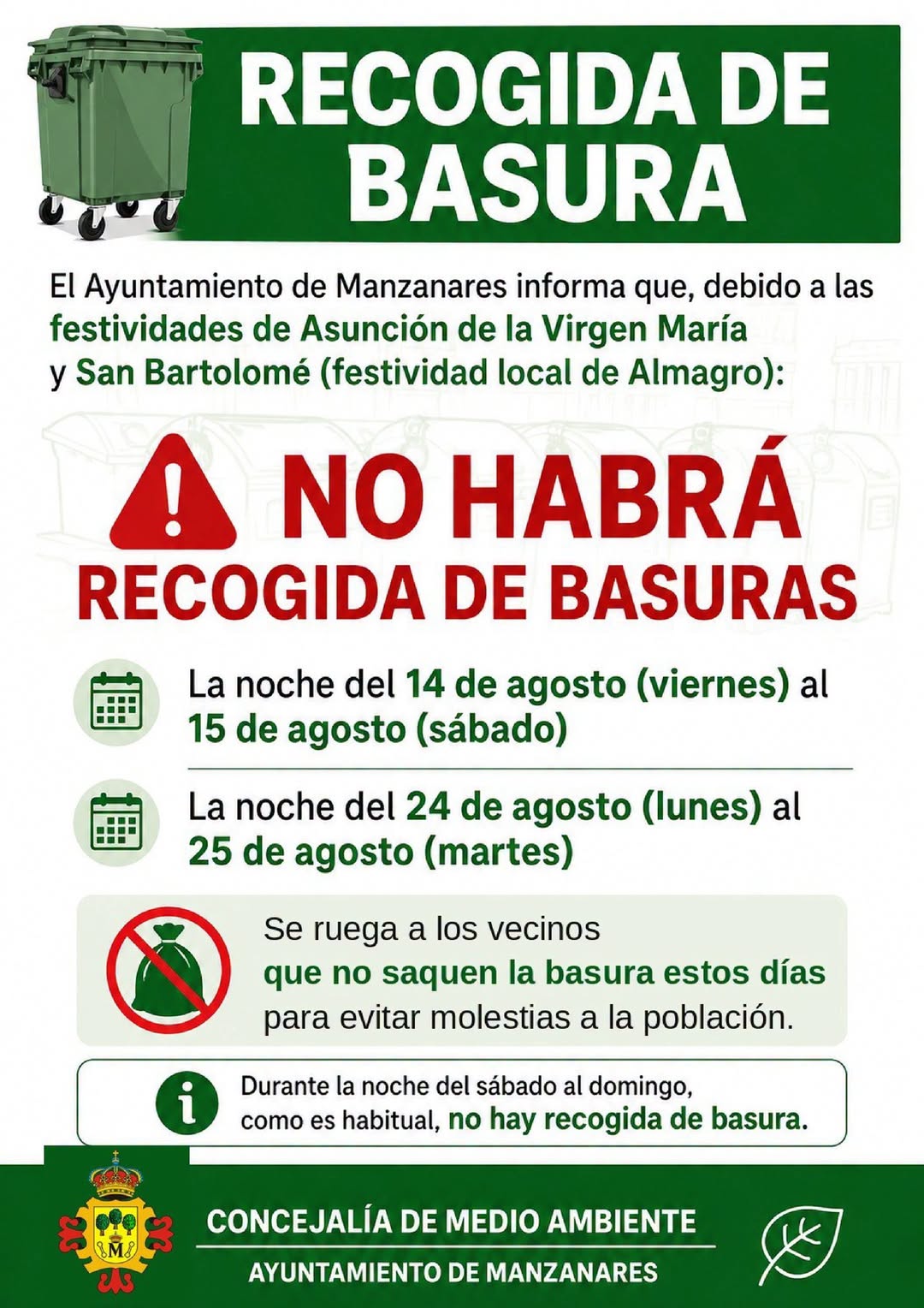 Modificación en el Servicio de Recogida del Consorcio RSU Ciudad Real la Noche del Lunes 24 al Martes 25 de Agosto: ¡Anuncio Importante!