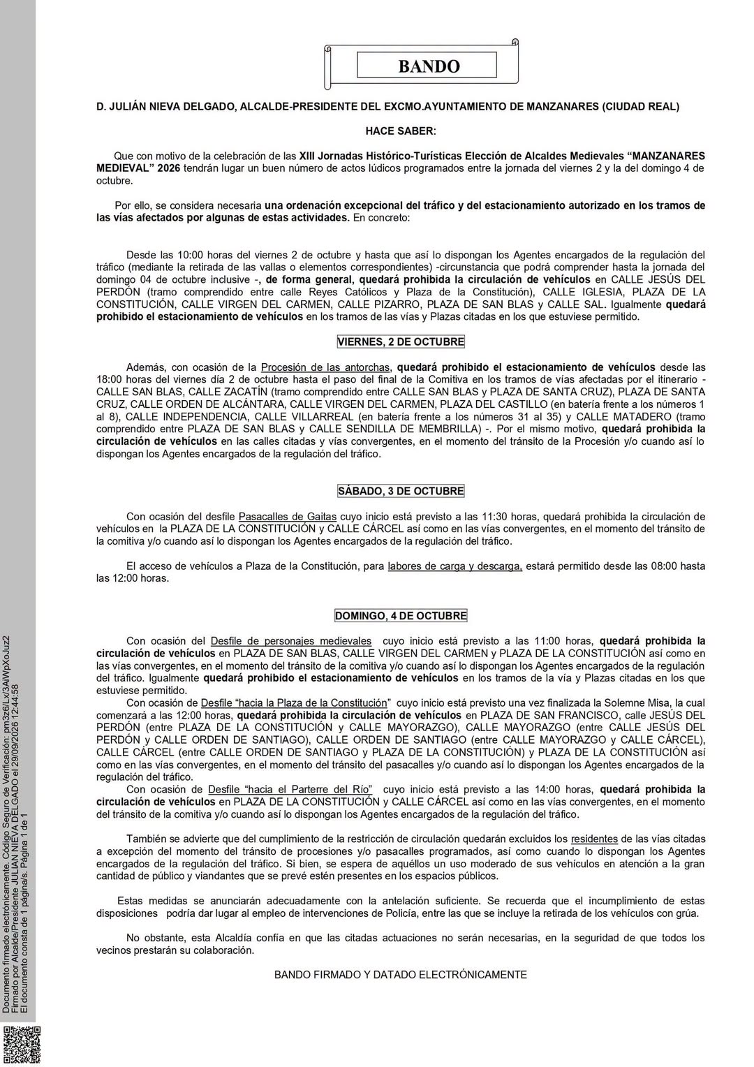 Alcaldía emite regulaciones de tráfico y estacionamiento para las XIII Jornadas ‘Manzanares Medieval’