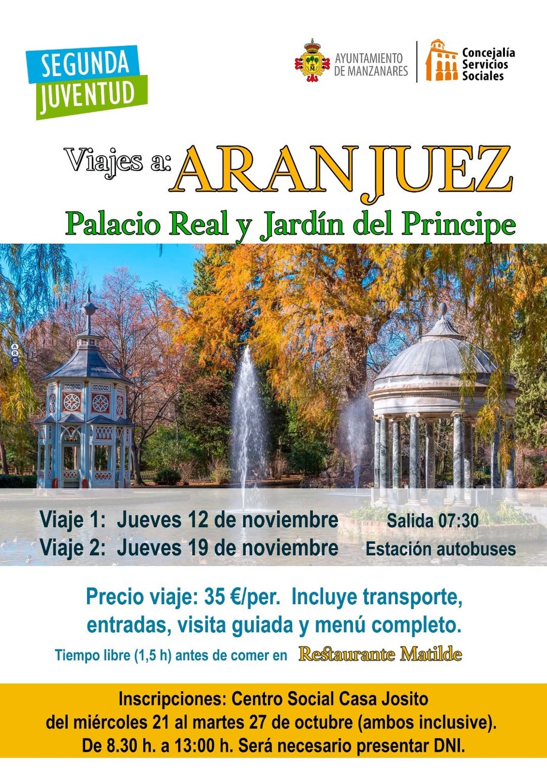 Segunda Juventud Organiza Excursiones a Aranjuez los días 12 y 19 de Noviembre con Amplia Capacidad de Autobuses