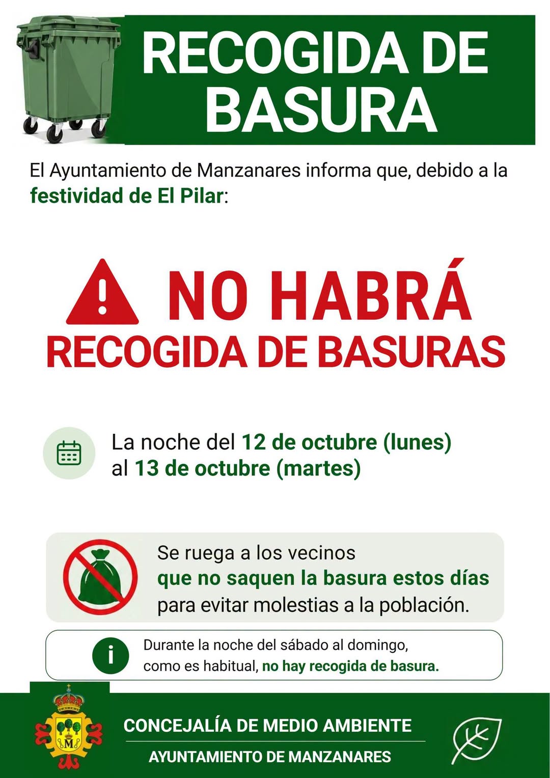 Consorcio RSU Ciudad Real Anuncia Cambios en el Servicio de Recogida la Noche del Lunes 12 al Martes 13 de Octubre